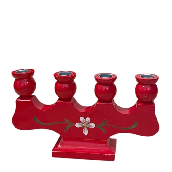 Vintage Hand Painted Wooden Red Candelabra - Picture 2 of 7